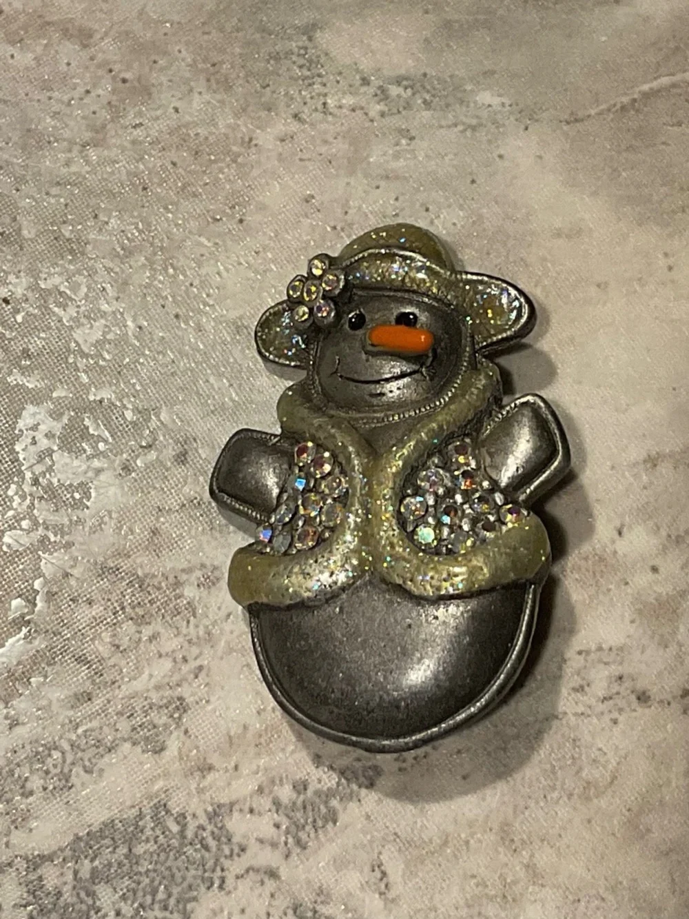 Vintage Snowman Brooch Pewter with Aurora Borealis Crystal 1.25” long